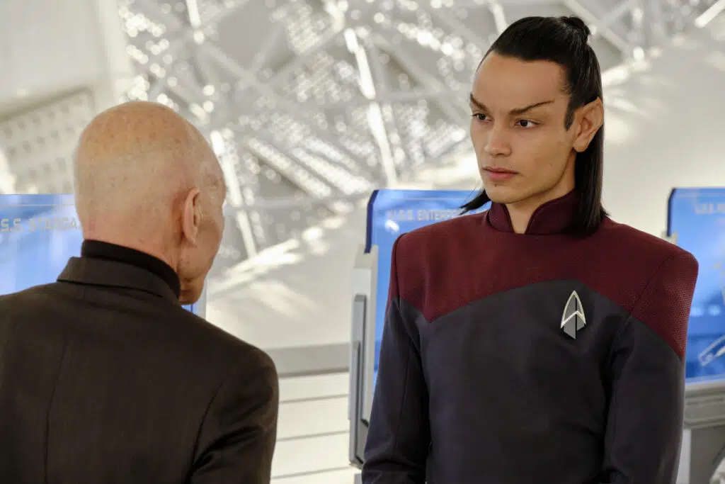 Patrick Stewart as Jean-Luc Picard and Evan Evagora as Elnor