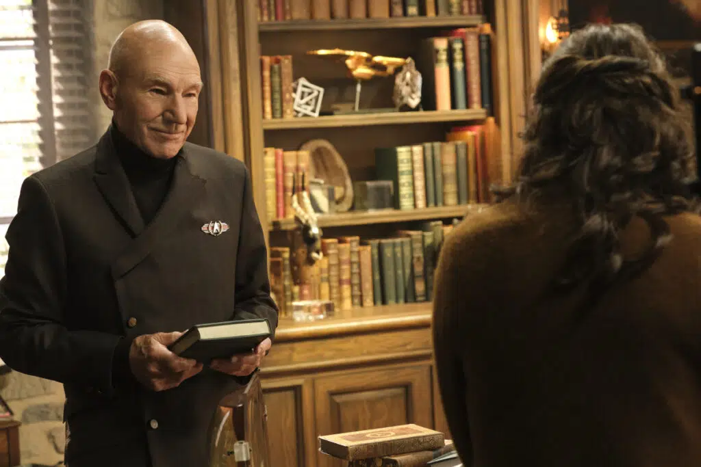 Patrick Stewart as Jean-Luc Picard and Orla Brady as Laris