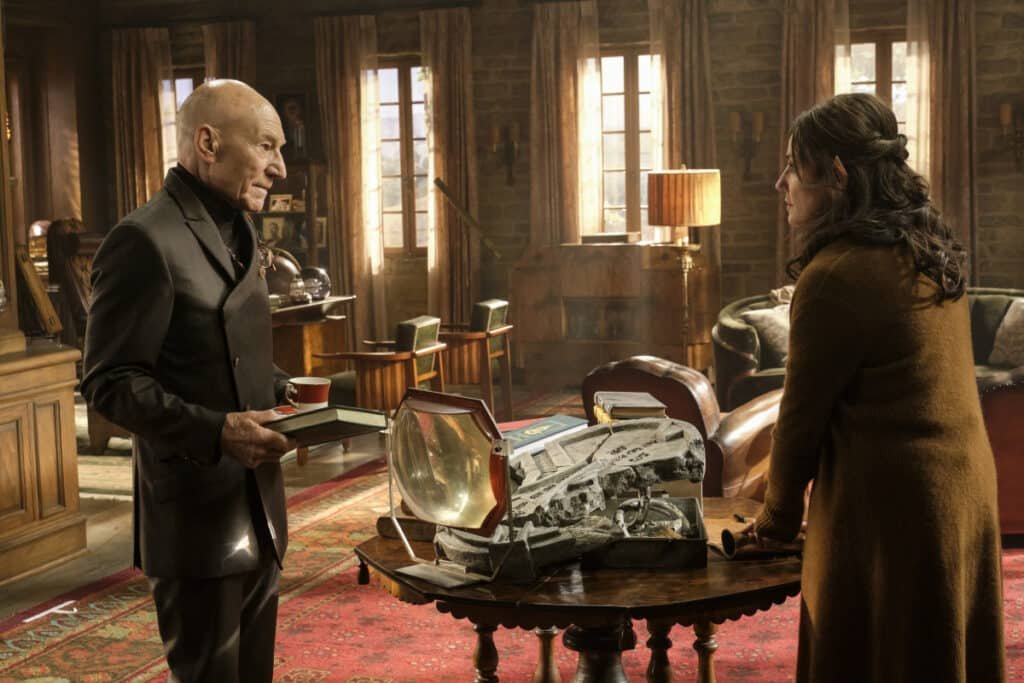Patrick Stewart as Jean-Luc Picard and Orla Brady as Laris in Picard